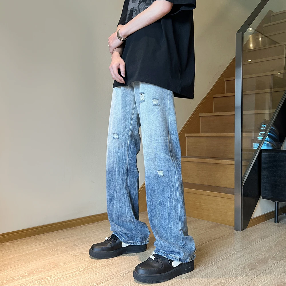 美式高街vibe风牛仔裤男潮宽松直筒微喇潮流破洞秋季百搭ins潮牌