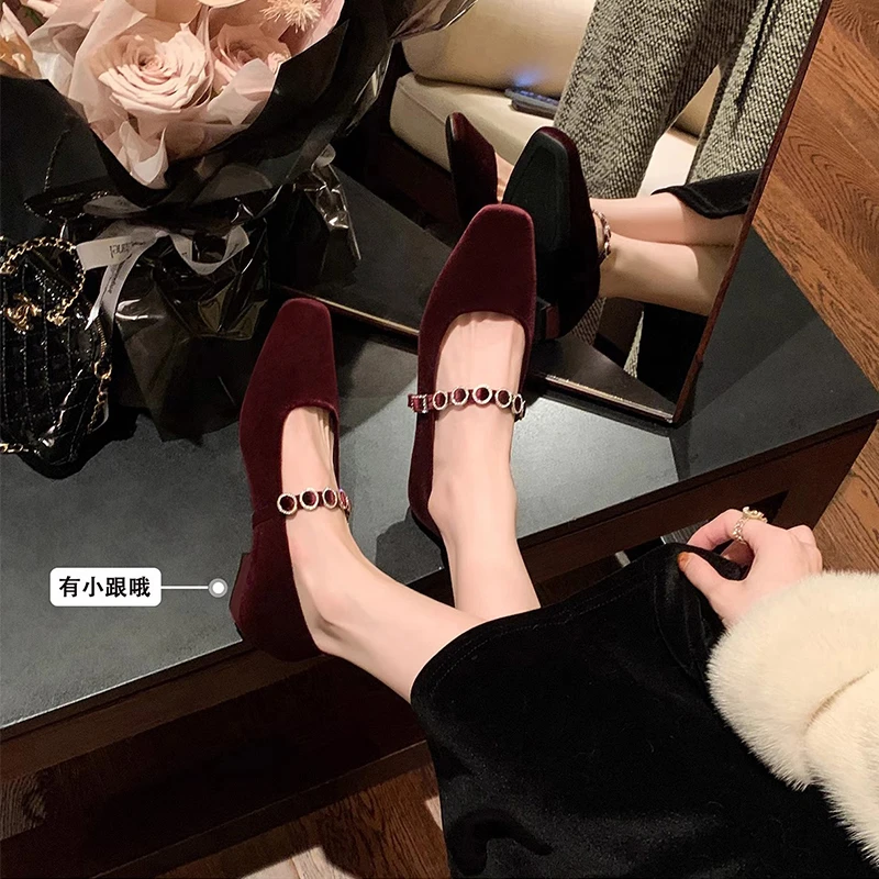 法式玛丽珍金币水钻小单鞋2025秋新款复古金丝绒低跟百搭女鞋方头