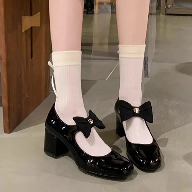 千金玛德琳~法式蝴蝶结浅口夏季玛丽珍单鞋女圆头粗跟小香风皮鞋