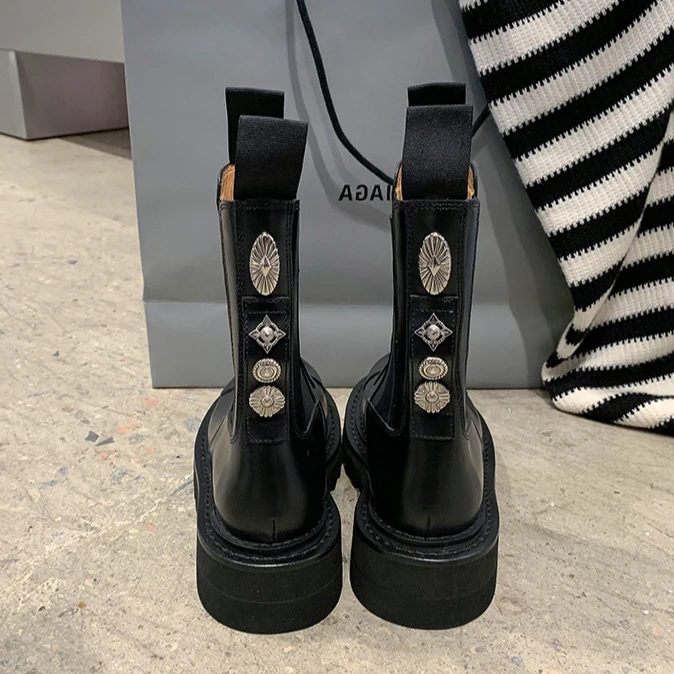 真皮厚底切尔西靴女短靴2024年新款加绒马丁靴秋冬英伦风烟筒靴子