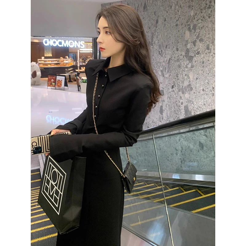 法式衬衫垫肩连衣裙秋冬2025新款女装高级感穿搭高个子黑色长裙子