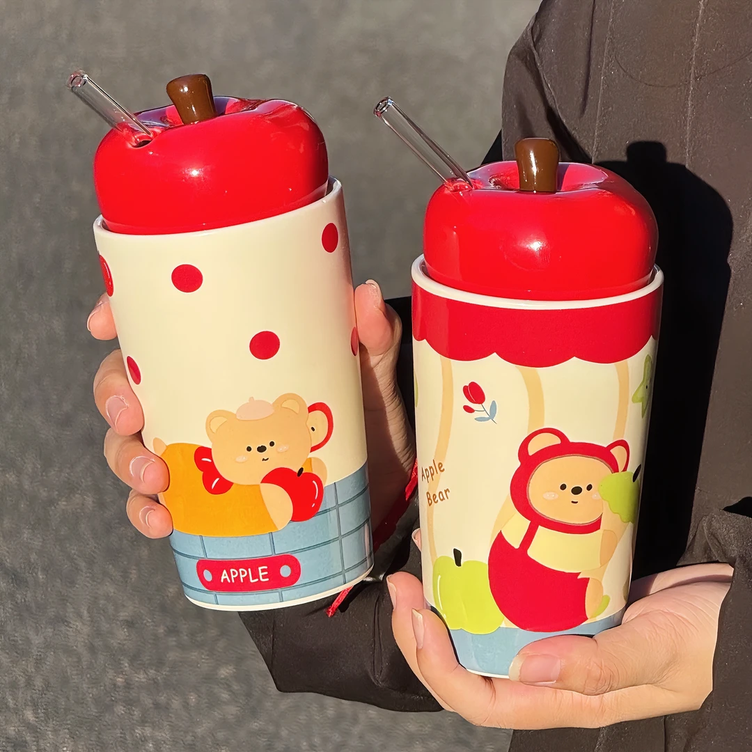 送闺蜜圣诞礼物可爱苹果小熊陶瓷杯女大容量马克杯带盖家用吸管杯