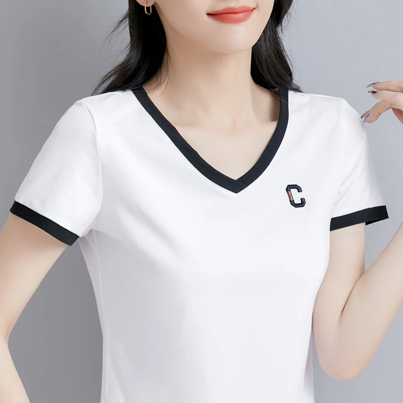 白色v领短袖t恤女纯棉休闲运动2023新款女装短款上衣今年流行体桖