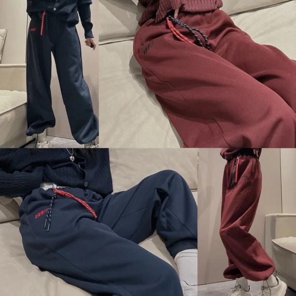 （老三）韩版显瘦美式运动休闲裤抽绳拼接直筒阔腿裤嘻哈拖地长裤