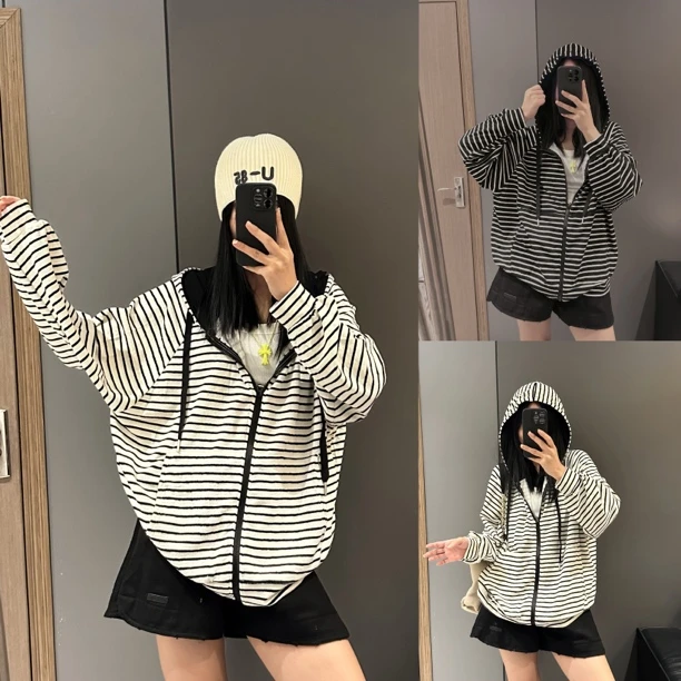 （老三）韩版显瘦休闲百搭条纹长袖宽松连帽外套上衣慵懒风卫衣
