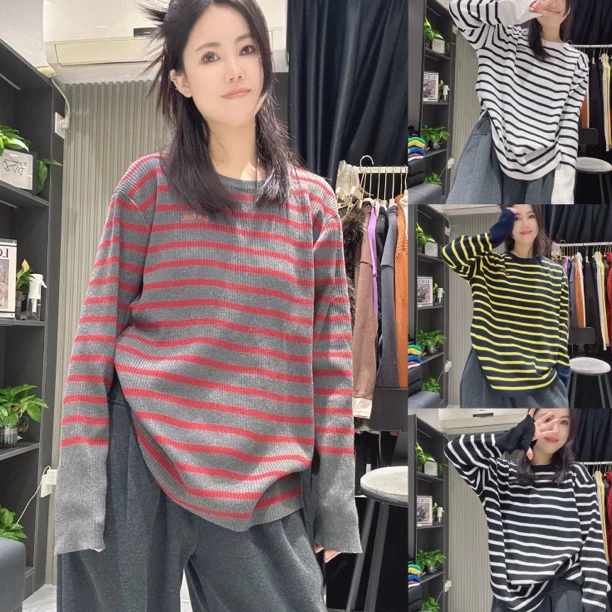 （老三）韩版宽松慵懒风百搭秋季撞色时尚针织衫打底衫刺绣横条纹