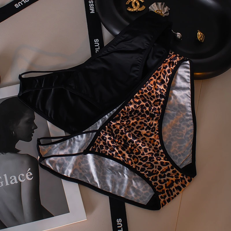 夏季新品豹纹印花冰丝内裤女夏季高开叉舒适透气薄款女士性感内裤
