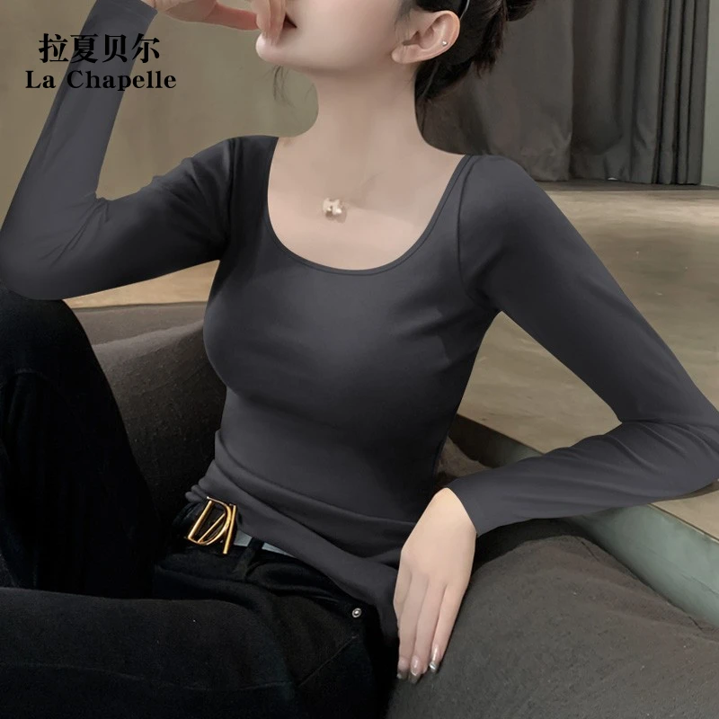 拉夏贝尔2025新款莫代尔低领长袖修身打底衫女款秋冬内搭