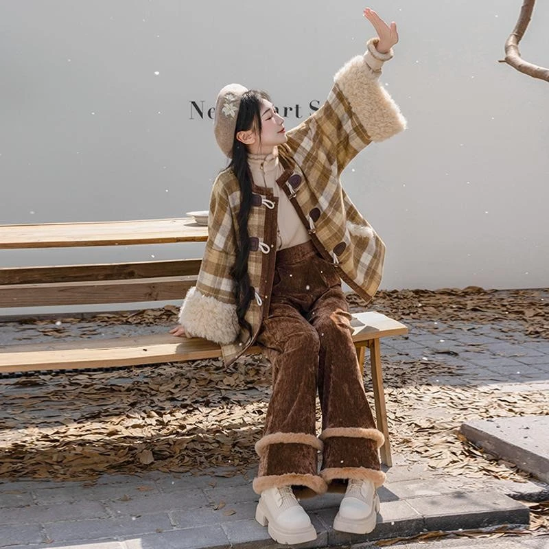 拟梦【下课后】明制方领半袖圈毛阔腿裤针织衫 格纹日常汉服汉元素