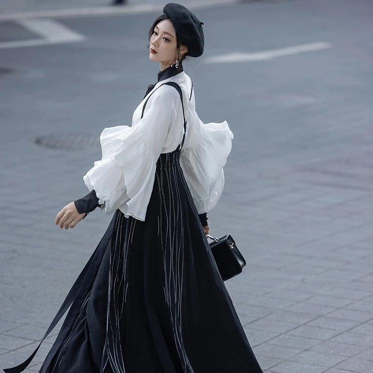 拟梦日常款新中式【墨白】原创国风通勤汉服荷叶边立领衬衫汉元素春