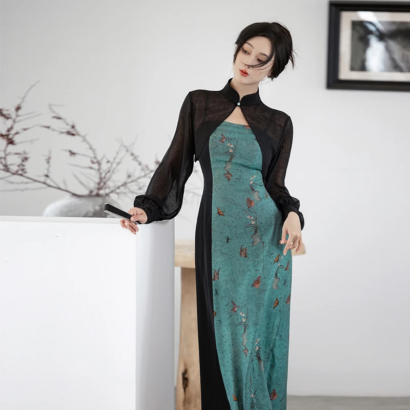 拟梦【青烟】国风原创新中式拼接收腰显瘦吊带连衣裙盘扣立领复古