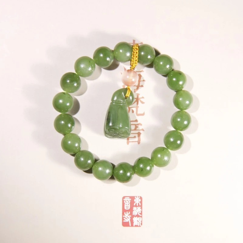古意素喜和田玉碧玉9mm圆珠菠菜绿莲蓬手串手链