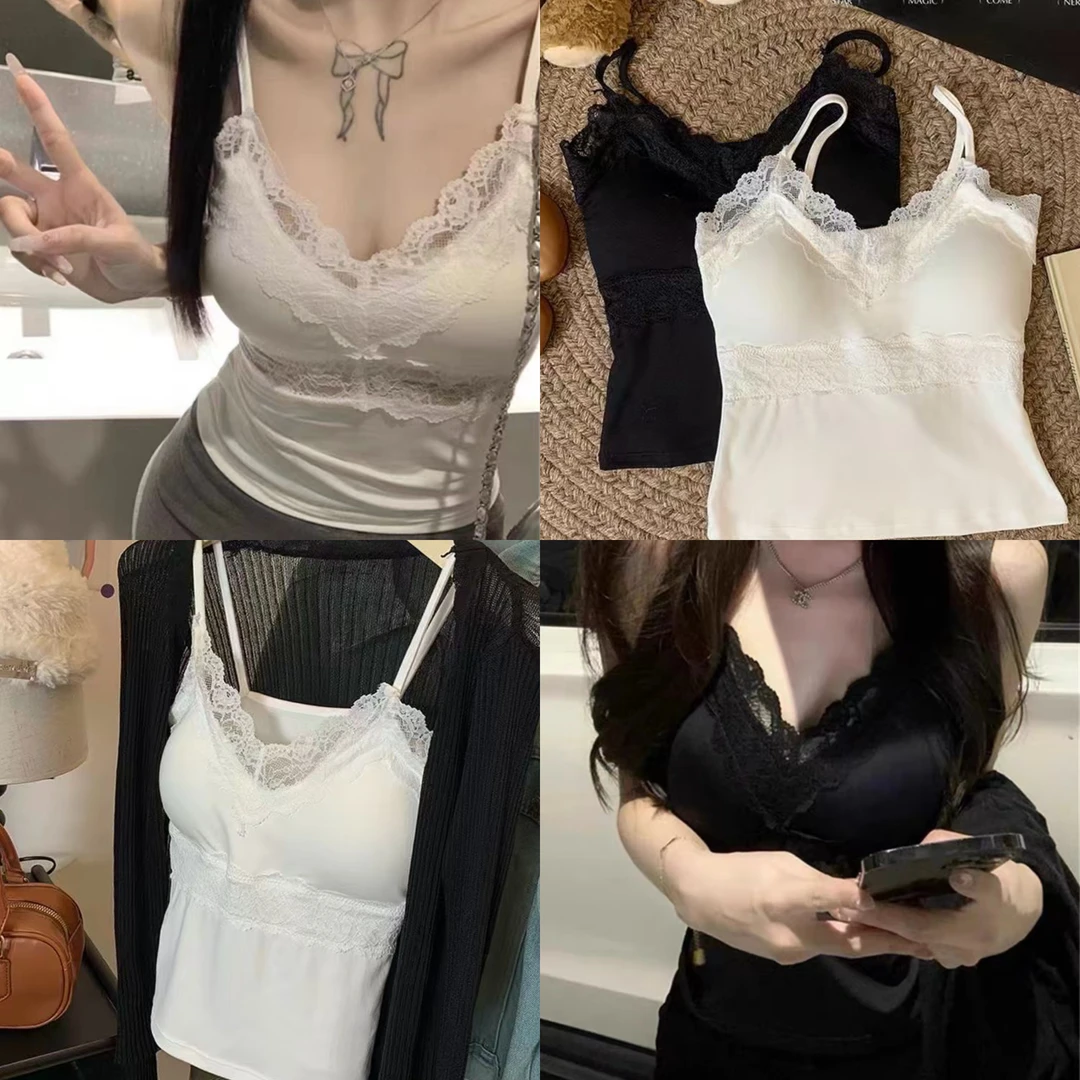 带胸垫秋冬大V领蕾丝边小吊带女背心打底免穿文胸纯欲无袖上衣