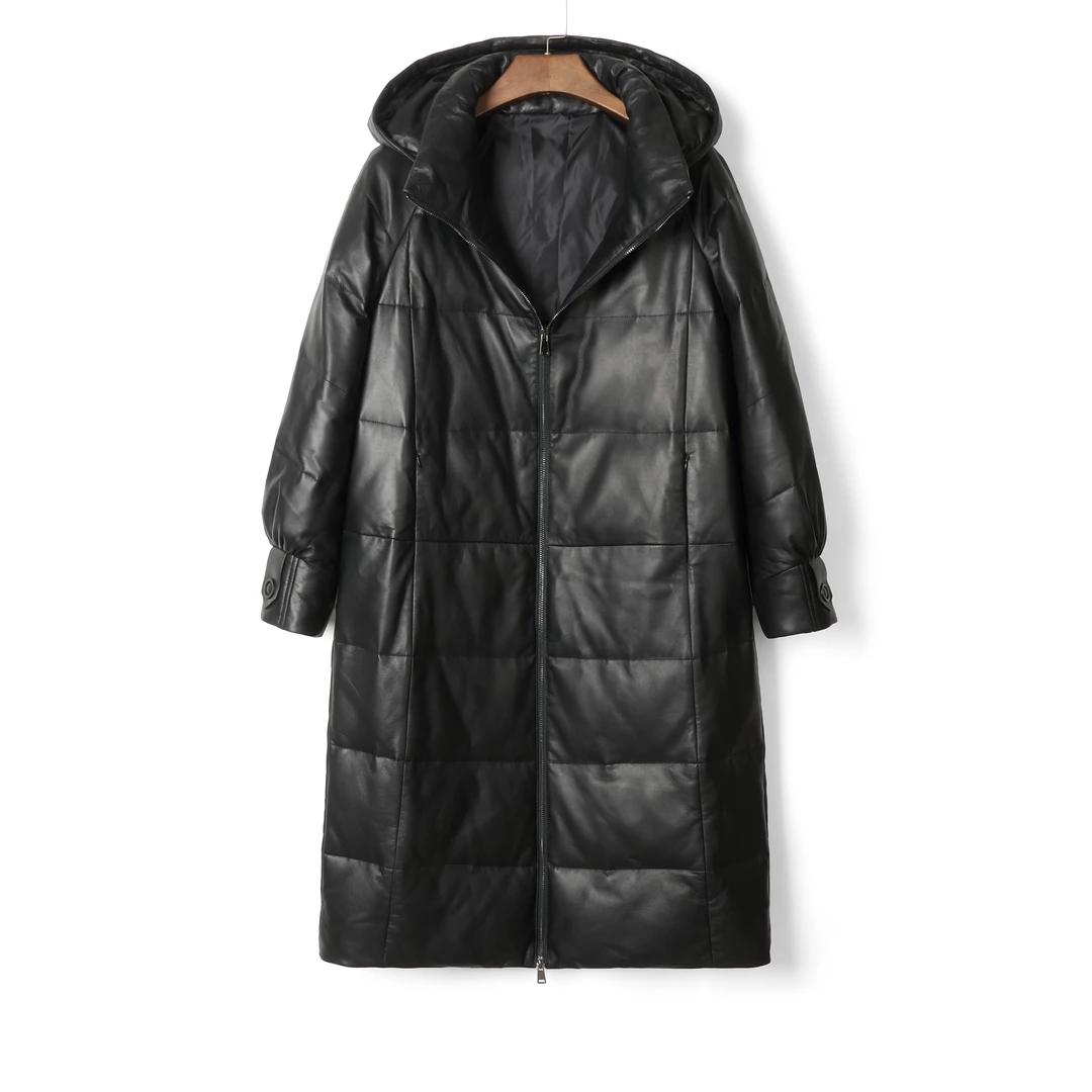 海宁真皮皮衣长款连帽休闲时尚头层绵羊皮冬季加厚宽松皮衣女外套