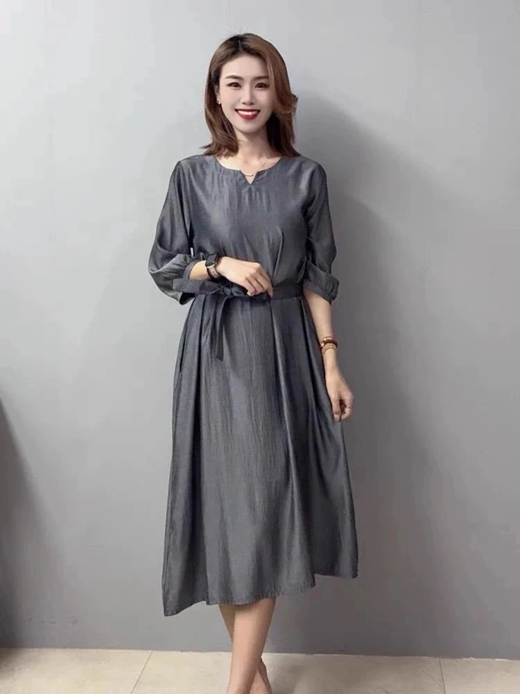 玉如意 灰色纯色女装连衣裙收腰系带长裙时尚七分复古长袖