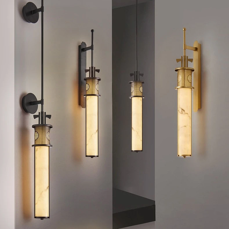 新中式金属长杆云石灯酒店大门过道设计师高级感客厅挑空背景壁灯