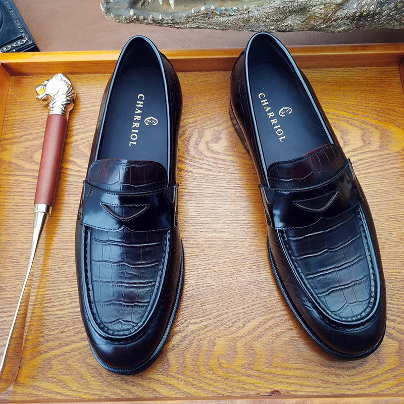 【夏利豪正品保障】286手工擦色鳄鱼纹头层牛皮男士透气乐福鞋