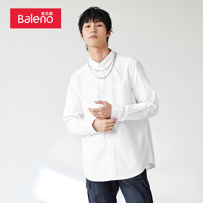 班尼长袖衬衫休闲时尚牛津纺简约纯色方领上衣衬衣BO8821304M650