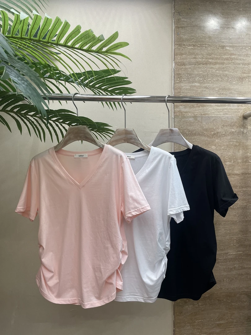 V领侧褶皱短袖T恤 1296