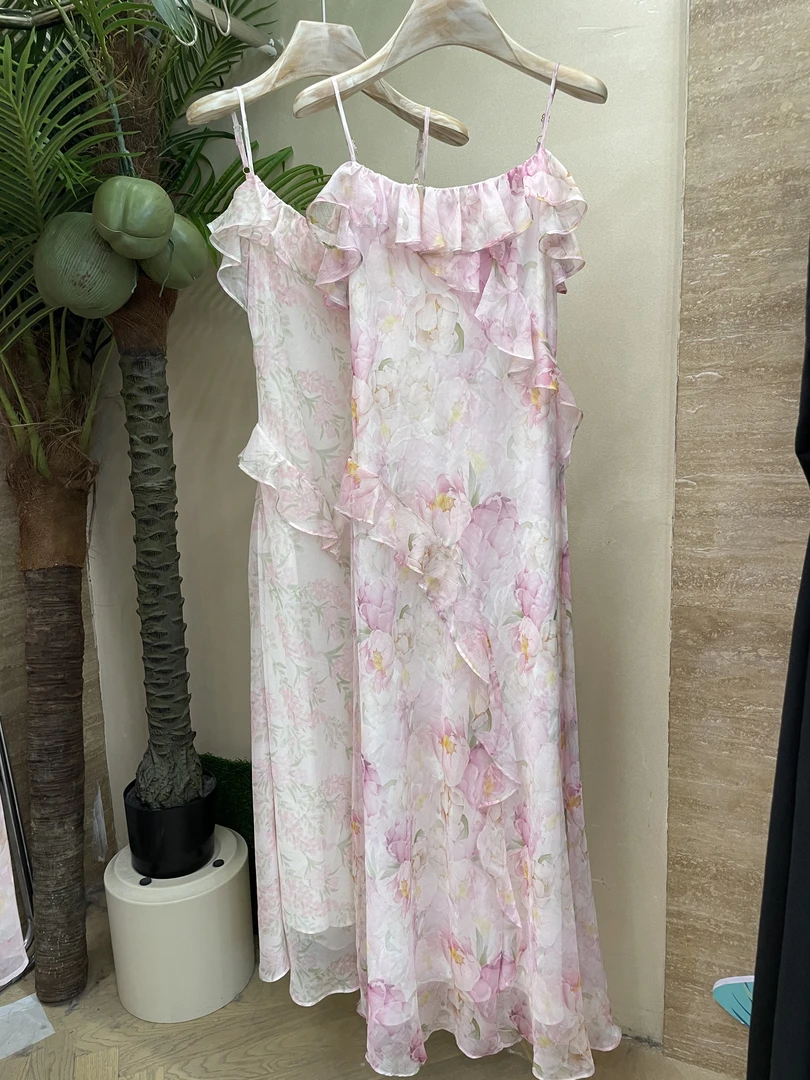 吊带木耳边碎花连衣裙 1266