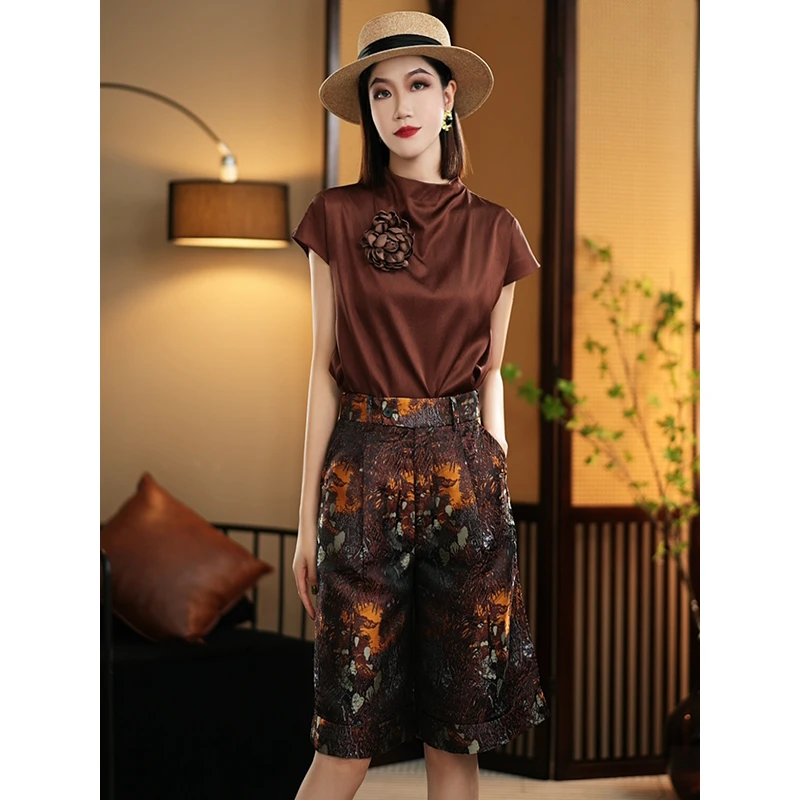 【CiCi小姐】2024夏季咖色两件套T恤国风通勤设计师系列上衣套装