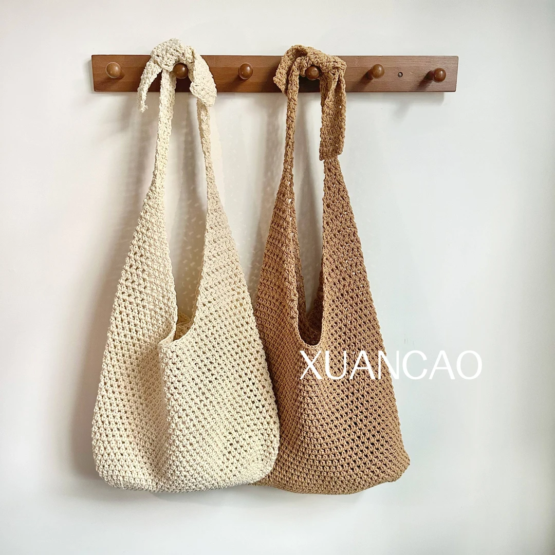 XUANCAO 新款棉绳肩带可调节单肩斜跨包沙滩度假手工编织包镂空包