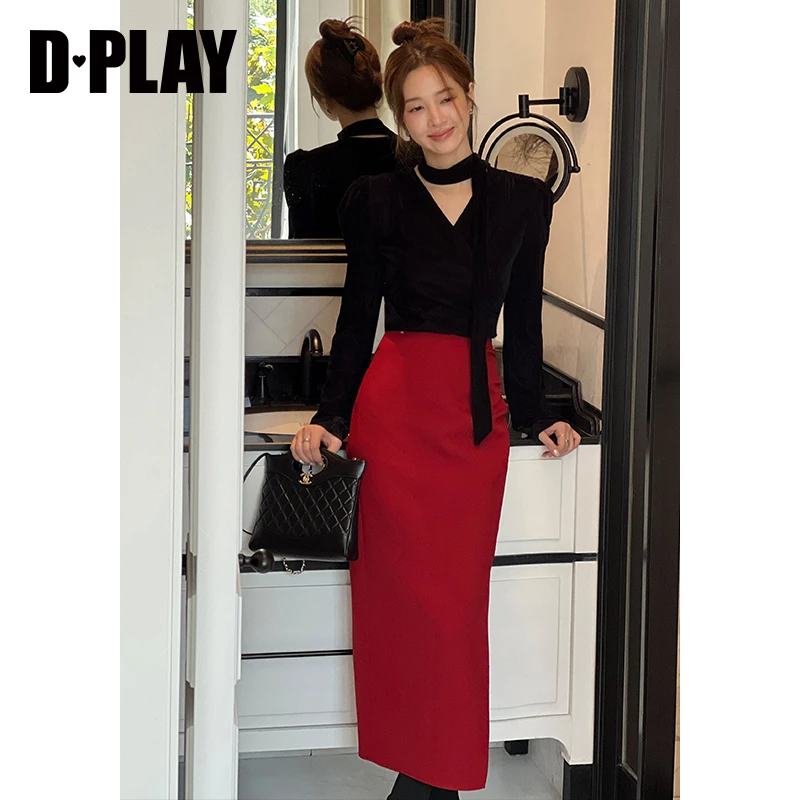 DPLAY2023新法式复古经典黑系带丝绒抽褶氛围感漫画腰小衫上衣