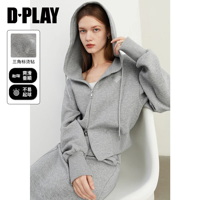 DPLAY2024秋季气质通勤灰色连帽抽绳系带短款宽松卫衣上衣女