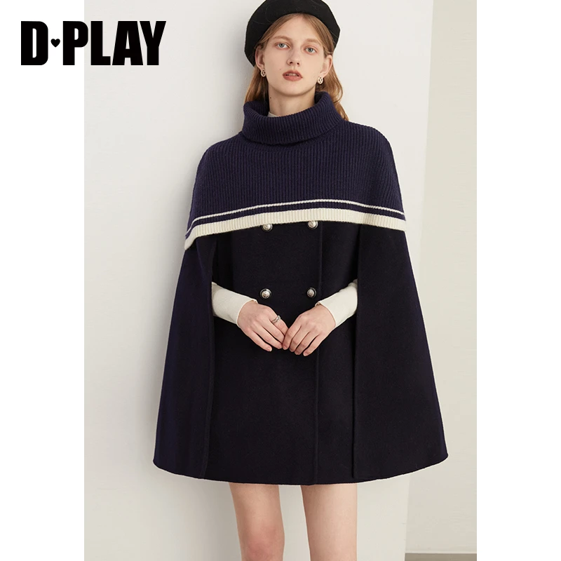 DPLAY2023典藏级全羊毛轻奢藏青色撞色针织双面呢斗篷大衣外套