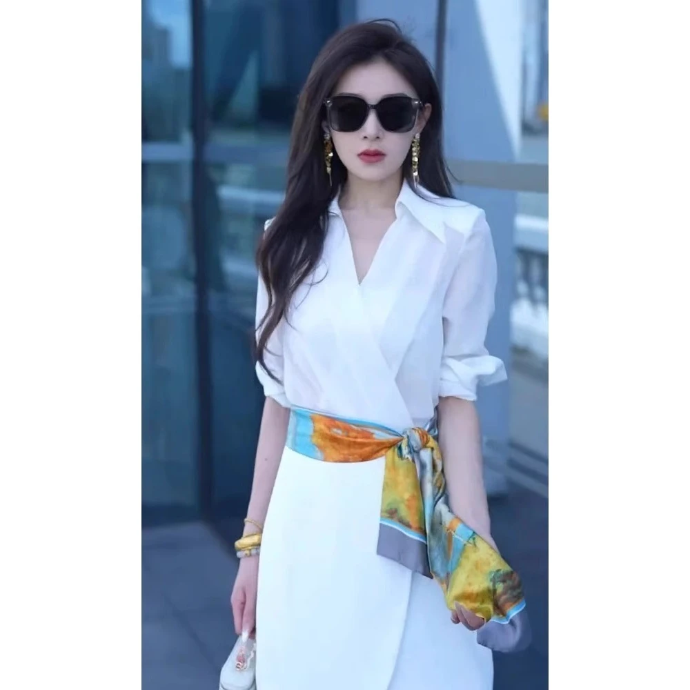 【大V玫瑰】 简约气质法式衬衫裙女秋季2024新款白色V领显瘦连衣裙