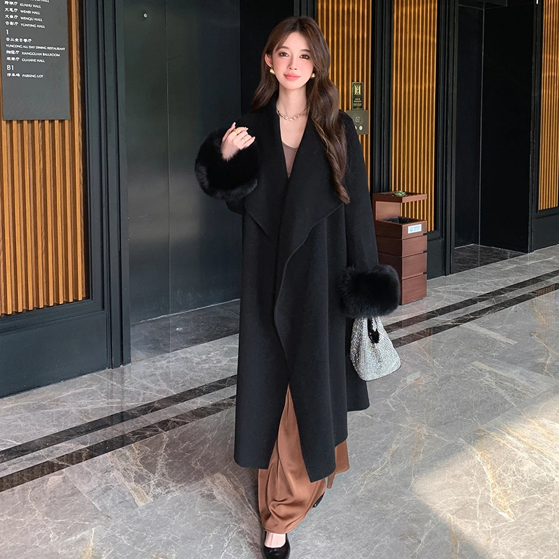 黑金怦然心动狐狸毛双面羊毛大衣女翻领浴袍长款过膝网红羊绒外套