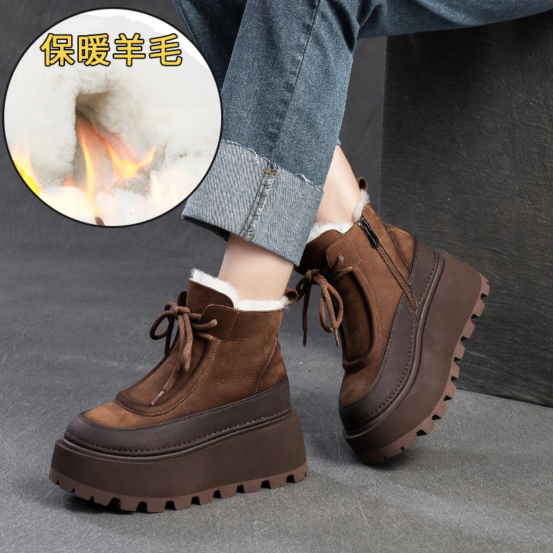 真皮复古厚羊毛短靴女冬防滑松糕厚底高帮棉鞋保暖雪地靴68821-6