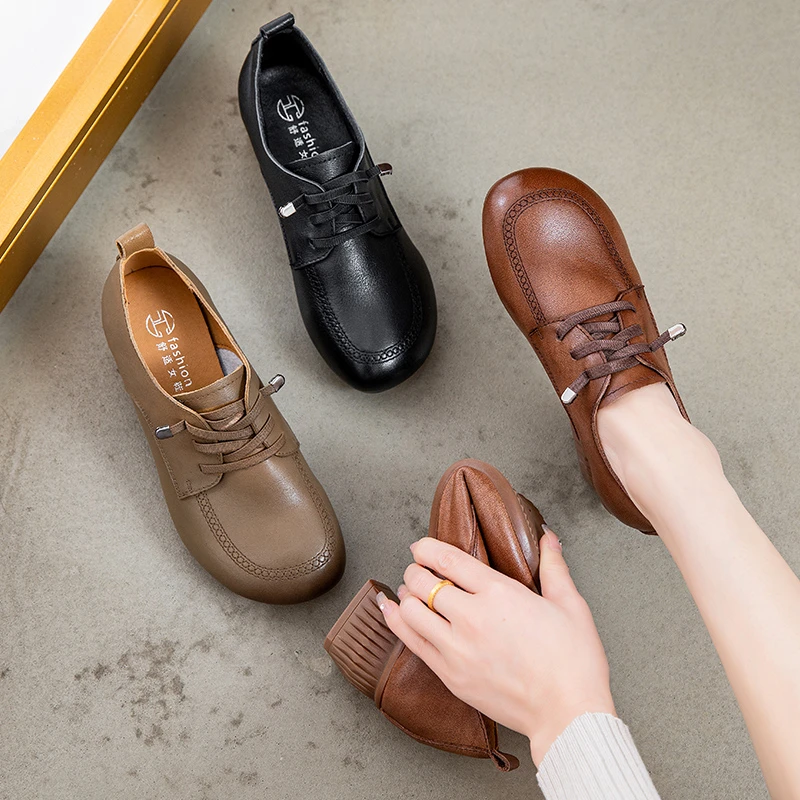 9305圆头真皮休闲百搭低跟女鞋简约舒适中老年妈妈鞋粗跟单鞋