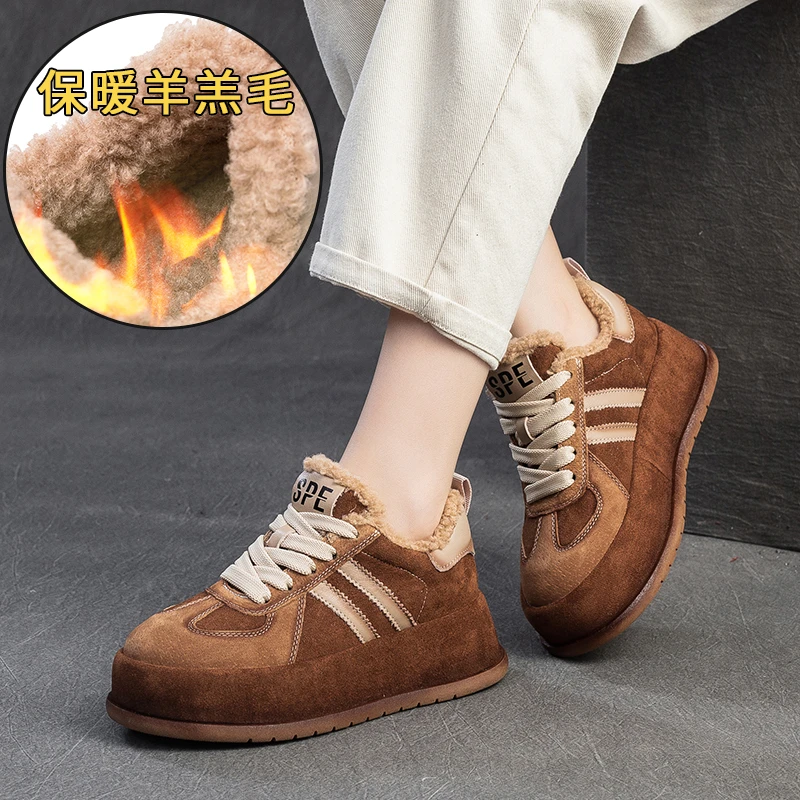 冬季新款复古真皮厚底羊羔绒老爹鞋保暖加绒运动休闲女鞋89106-1