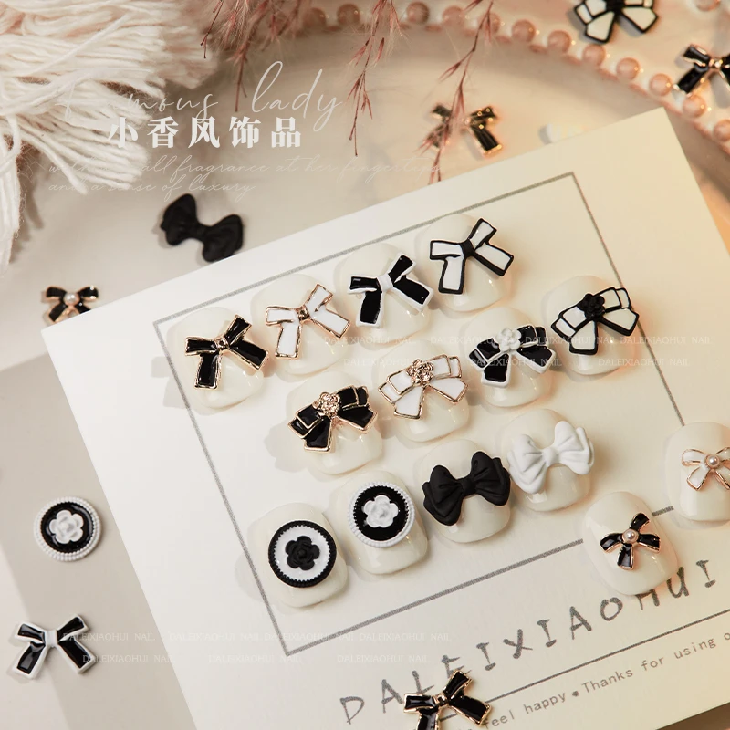 美甲小香风饰品 2025年新款黑白蝴蝶结山茶花珍珠指甲配饰814