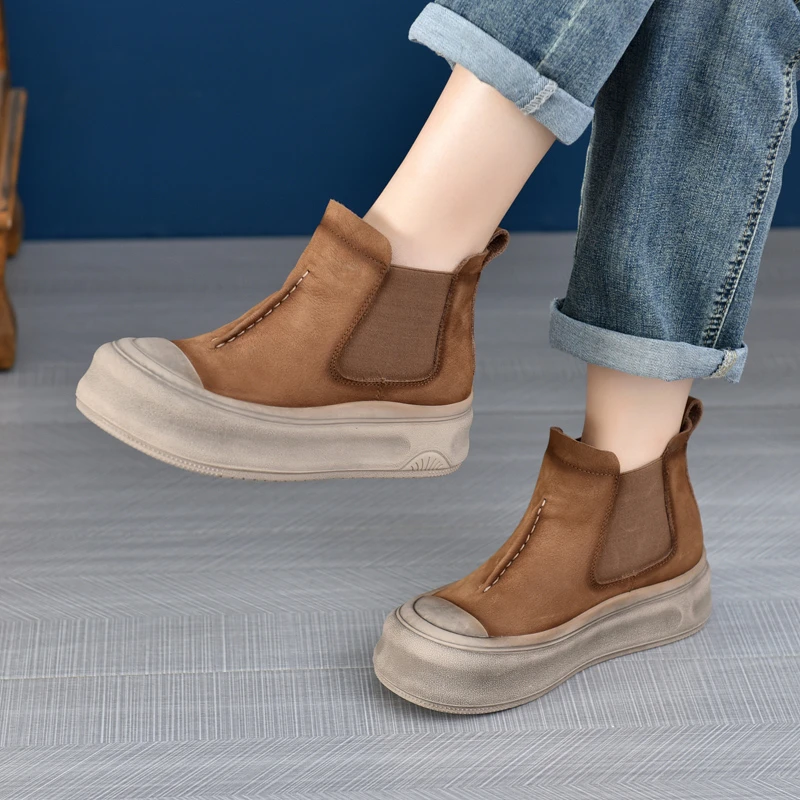 复古做旧擦色手工高帮鞋子女2024秋新款牛皮舒适软底一脚蹬休闲鞋