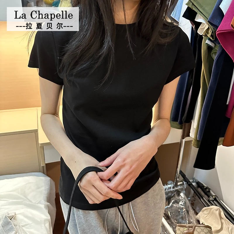 拉夏贝尔JS白色棉T正肩显瘦T恤女打底衫春夏内搭修身上衣小众短袖