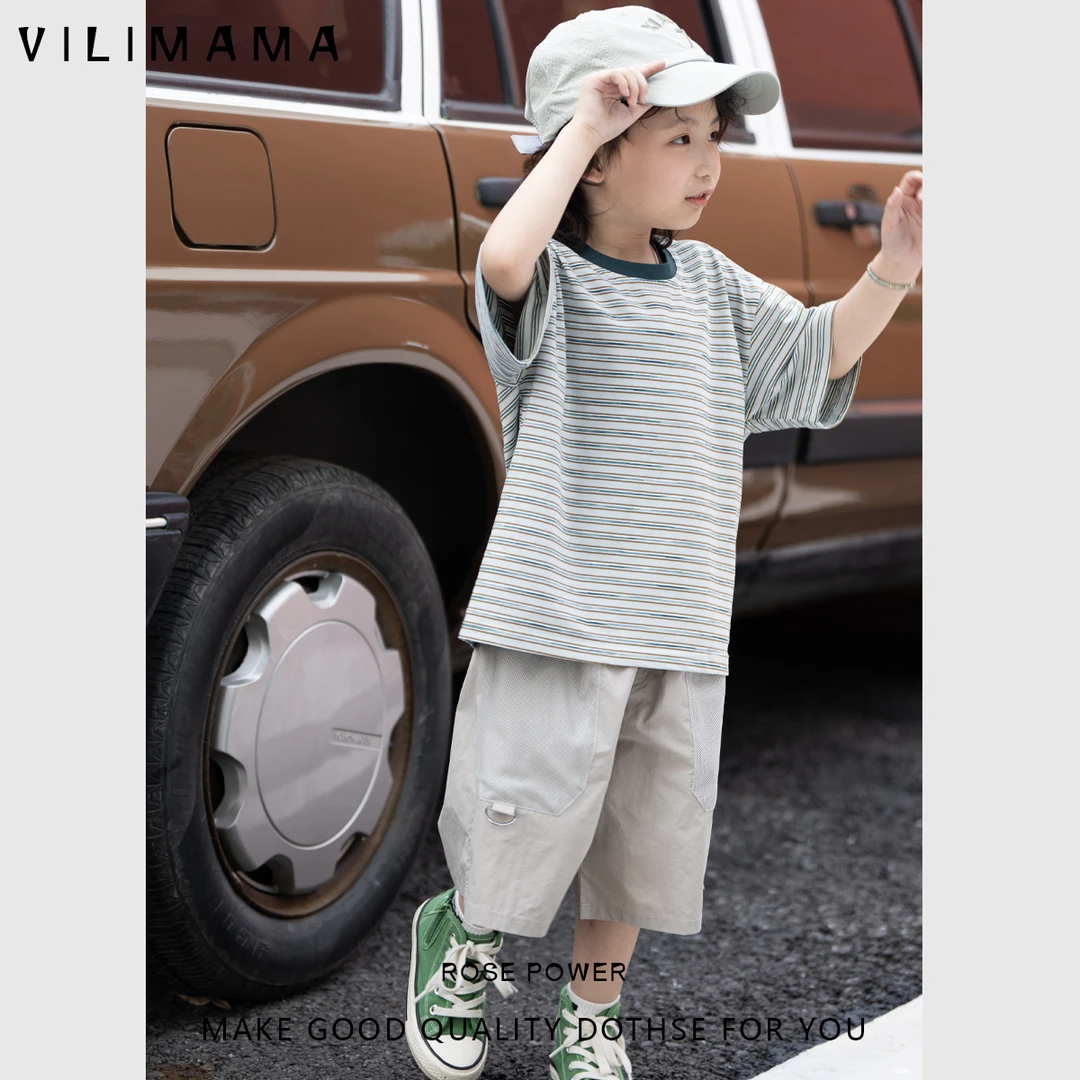 【80码、90码-断码福利】vilimama2024夏季湖蓝色条纹短袖T恤V54117
