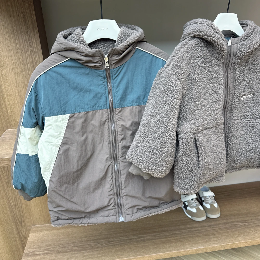 【双面穿】vilimama2024年冬款麦穗绒蓝咖拼色连帽冲锋衣外套S64165