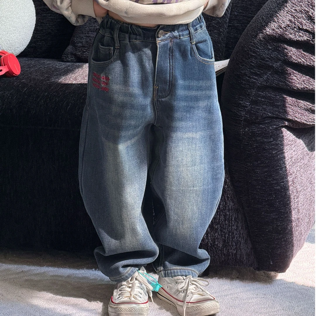 vilimama2024冬款一体绒加厚红色字母刺绣蓝色牛仔裤24380