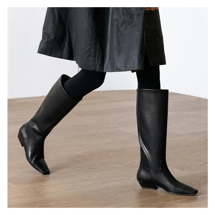 【匠宸JCHEN】时尚百搭大筒围靴子女长筒靴真皮粗跟高筒骑士靴长靴