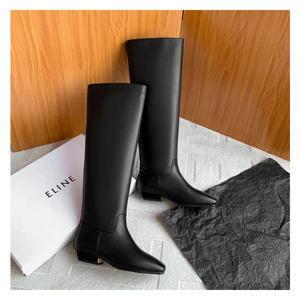 【YICHEN易臣】法式复古小方头骑士靴时尚真皮高筒长筒靴大筒围长靴