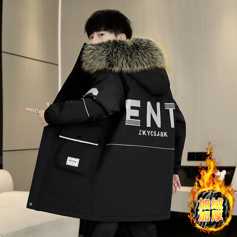 派克服男冬季防寒保暖加绒加厚款冬装棉衣中长款时尚连帽棉服外套