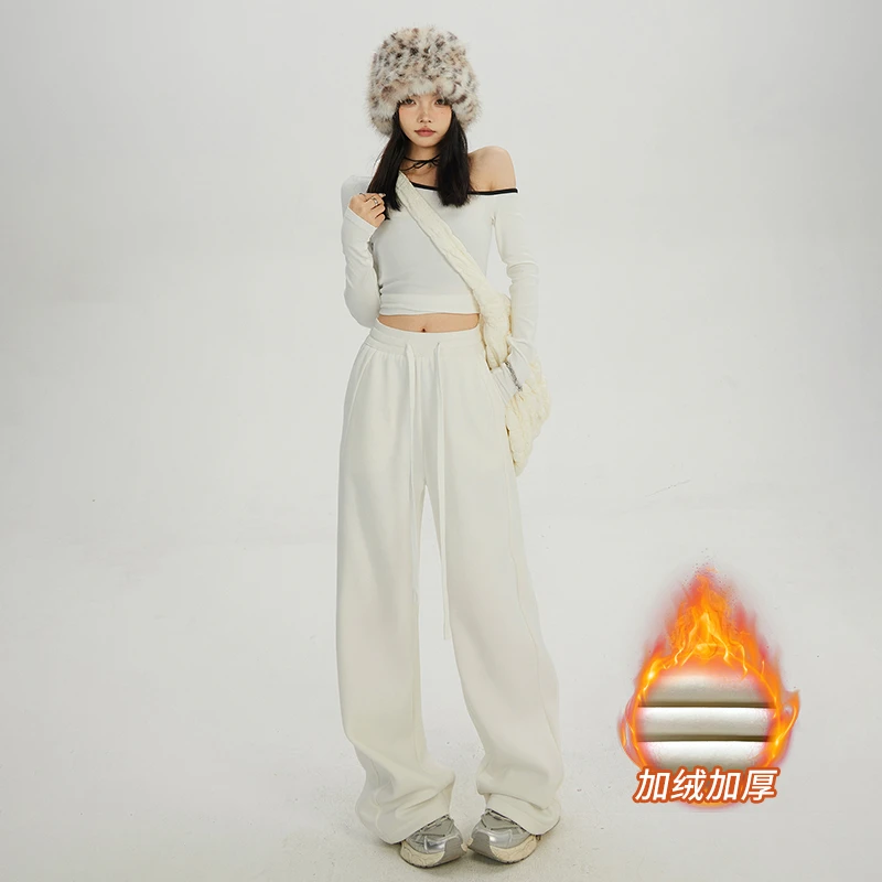 木叶晴高腰复古宽松阔腿裤百搭秋冬加绒直筒休闲裤女