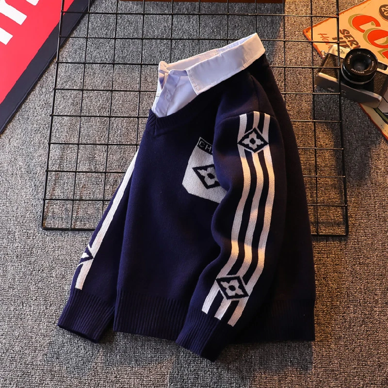 男童假两件毛衣秋冬装上衣新款中大童条纹衣服儿童针织衫加绒加厚