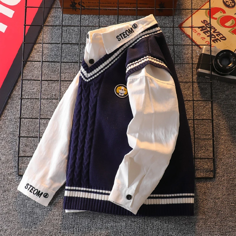 男童毛衣马甲套装秋冬学生内穿中大童加绒加厚洋气针织背心两件套