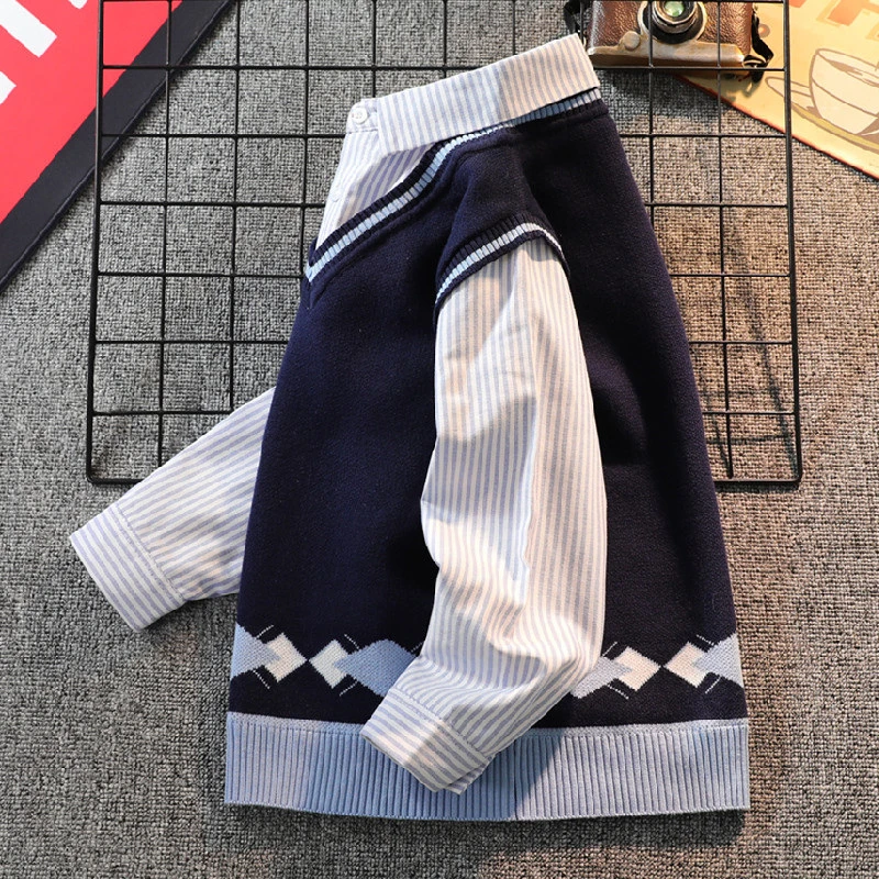 男童毛衣秋冬新款中大童衬衫领假两件儿童针织衫校服男孩加绒加厚