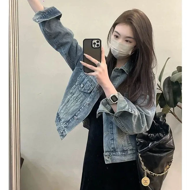 2037#水洗复古牛仔外套女春秋新款宽松设计休闲百搭短款夹克上衣