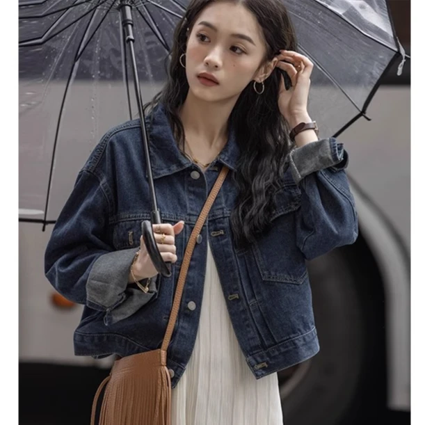 ins港风蓝短外套2025春秋少女新款小个子休闲韩版宽松上衣女