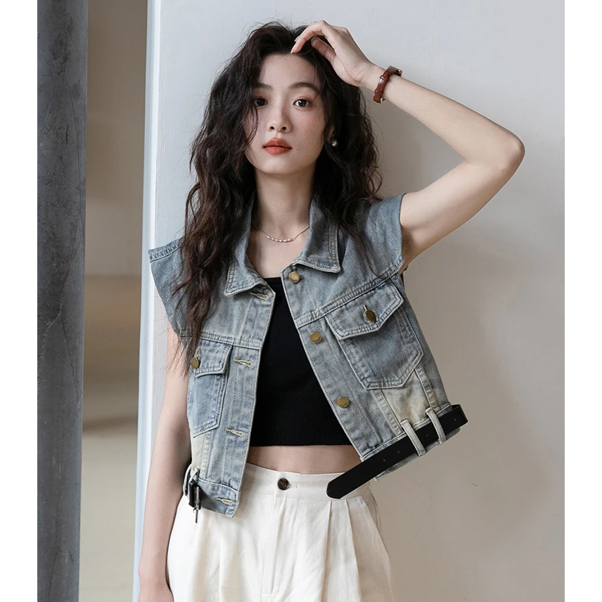 1921牛仔马夹背心女新款夏季美式牛仔无袖马甲少女短款上衣外套